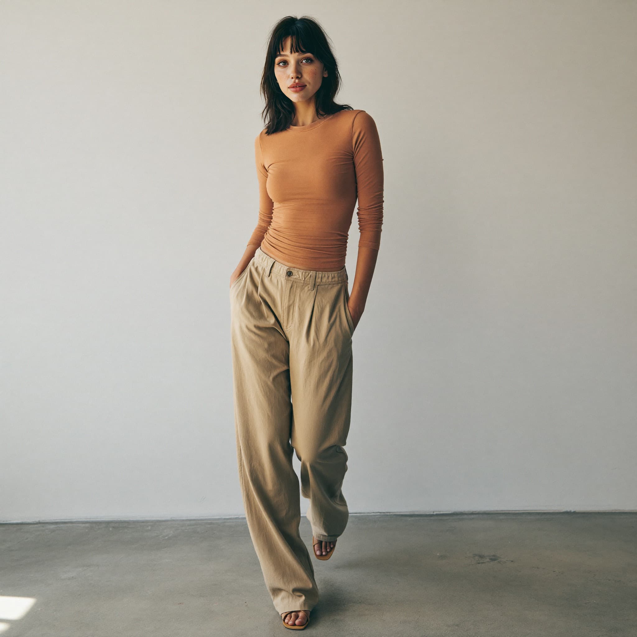 Tara, AI-Creatorin von Quantarah, in einem zweiten Fashion-Look, ganzkörperlich und selbstbewusst.
