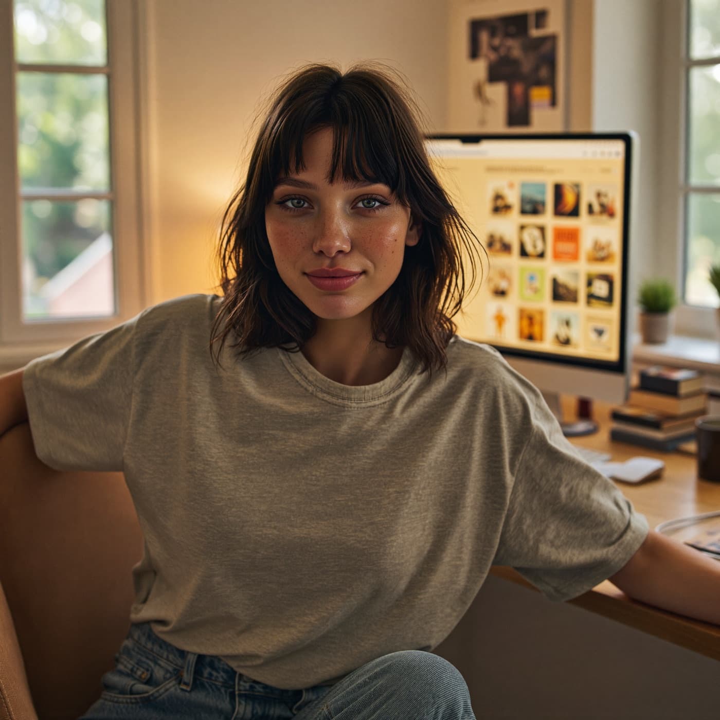 Tara, Quantarah's AI Creator, relaxed at her warmly lit desk, friendly and approachable.